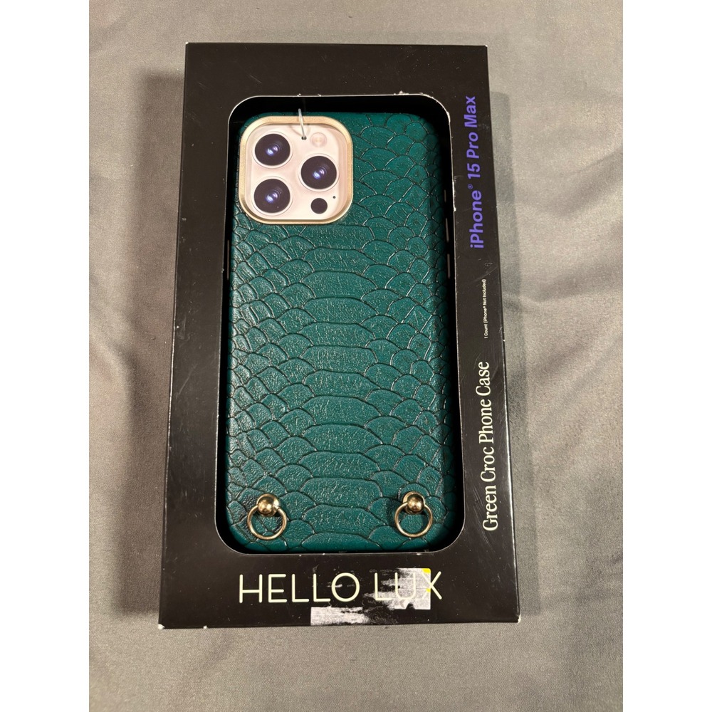 Hello Lux Green Croc Phone Case for iPhone 15 Pro Max Faux Leather Gold Accents